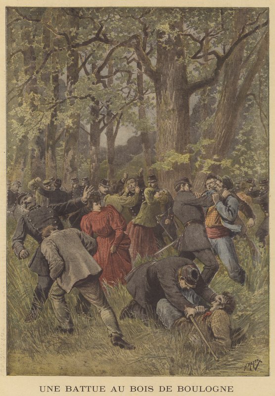 Összecsapás a rendőrség és a csavargók között a Bois de Boulogne-ban alkotó: after Henri Meyer