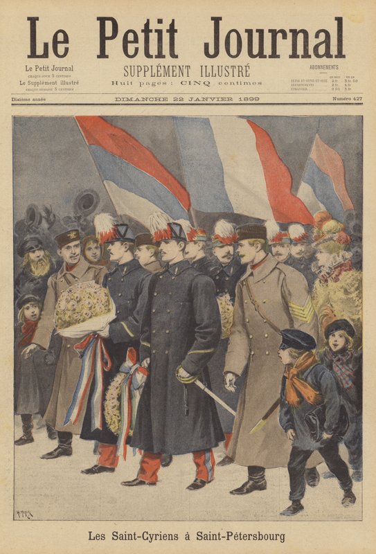 A francia hadsereg tiszti kadétjai a Saint-Cyr katonai akadémiáról Szentpétervárra látogatnak alkotó: after Henri Meyer