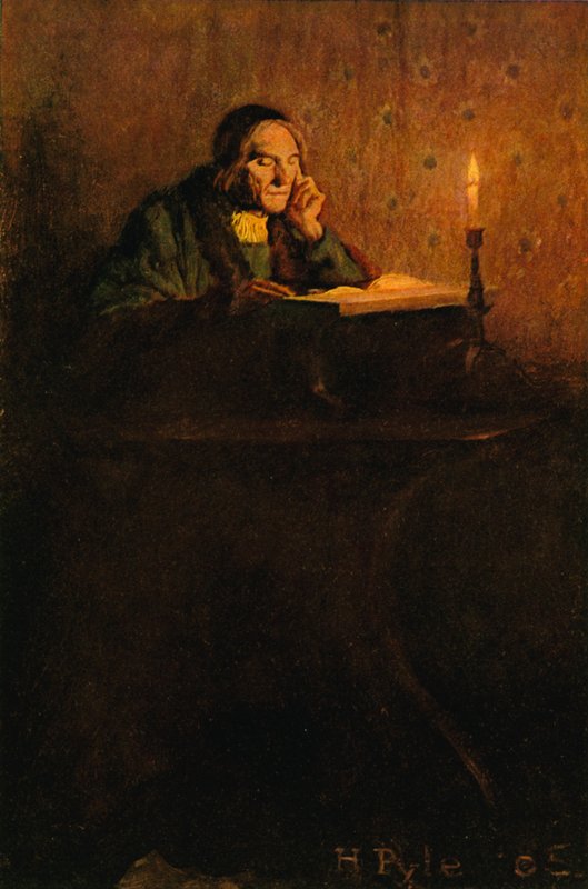 Egy takaros és töpörödött úriember ült az íróasztalnál alkotó: after Howard Pyle