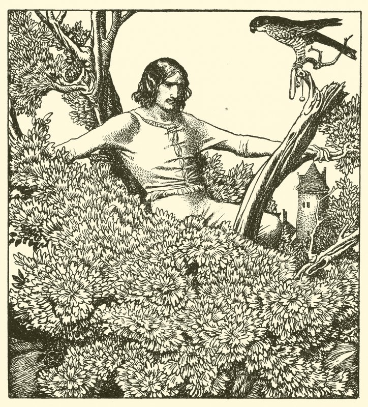 Sir Launcelot felmászik, hogy elkapja a sólymot alkotó: after Howard Pyle