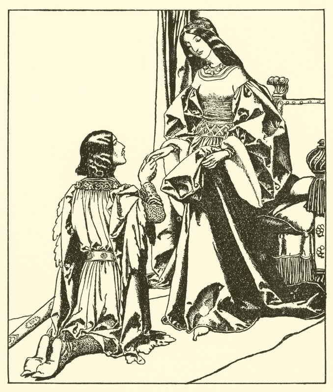 Sir Launcelot köszönti Guinevere királynőt alkotó: after Howard Pyle