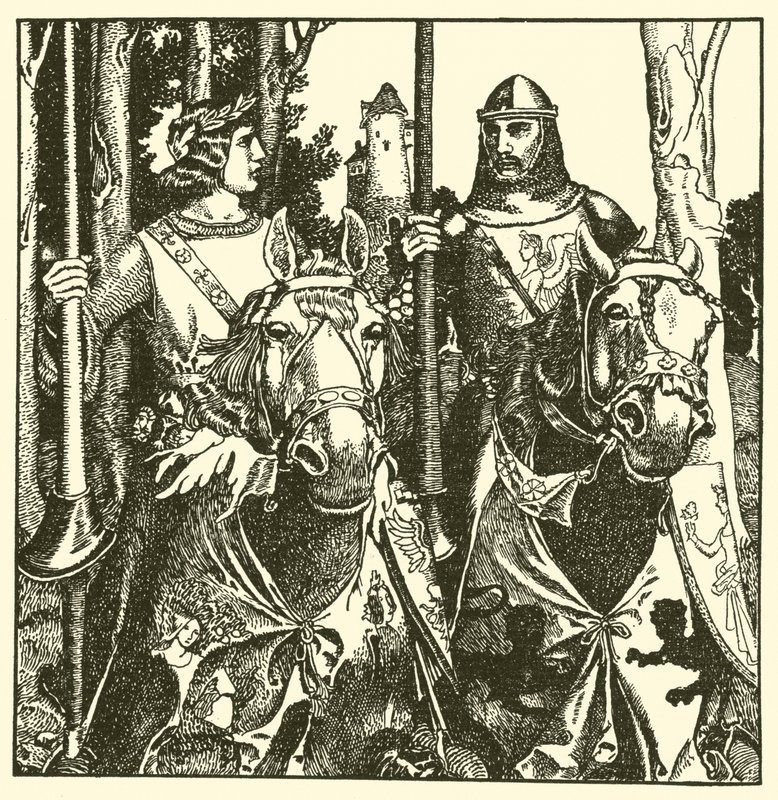 Sir Percival és Sir Lamorack együtt lovagolnak alkotó: after Howard Pyle