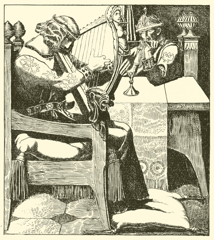 Sir Tristram hárpetázik Márk király előtt alkotó: after Howard Pyle
