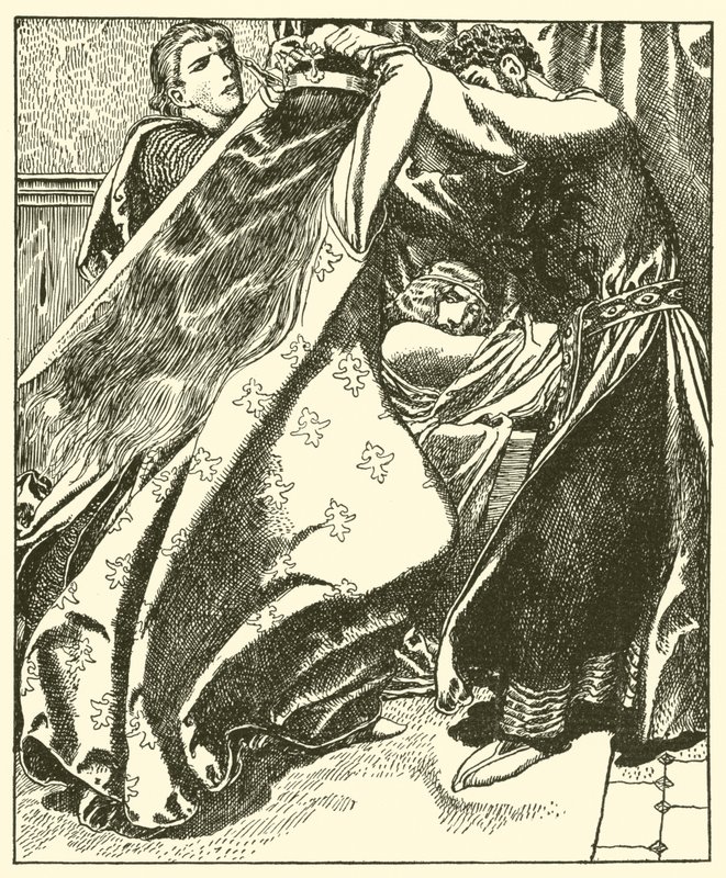 Ír királynő meg akarja ölni Sir Tristramot alkotó: after Howard Pyle