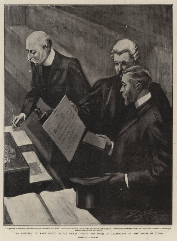 A parlament ülése, a királyi hercegek hűségesküt tesznek a Lordok Házában alkotó: after John Duncan