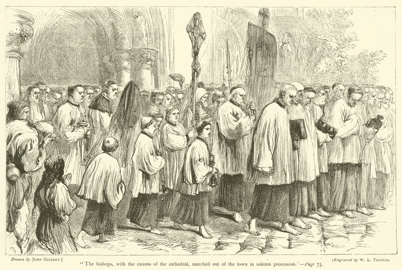 A püspökök a székesegyházi kanonokokkal ünnepélyes körmenetben vonultak ki a városból. alkotó: after John Gilbert