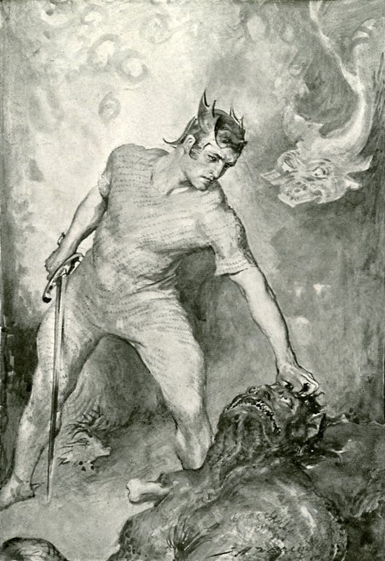 Beowulf lenyírja Grendel fejét alkotó: after John Henry Frederick Bacon