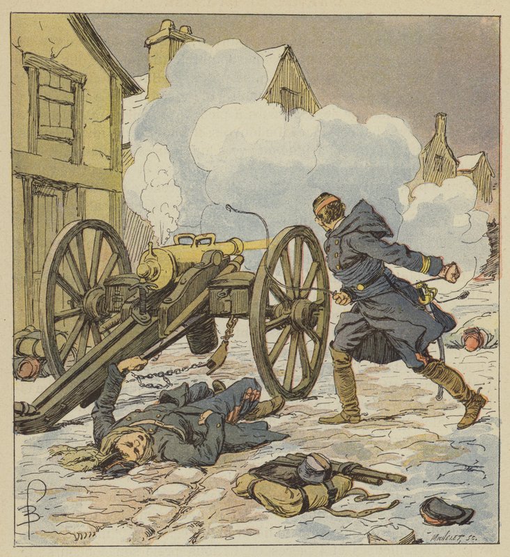 Parigne-nél egy tüzérkapitány támogatta a visszavonulást azzal, hogy megtöltötte és elsütötte utolsó fegyverét. alkotó: after Louis Charles Bombled