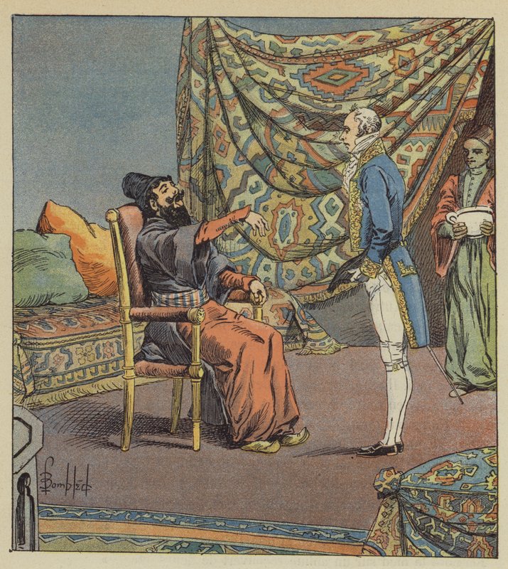 Asker-Khan, perzsa nagykövet elviszi de Marbois-t, a Számvevőszék elnökét az orvosért alkotó: after Louis Charles Bombled