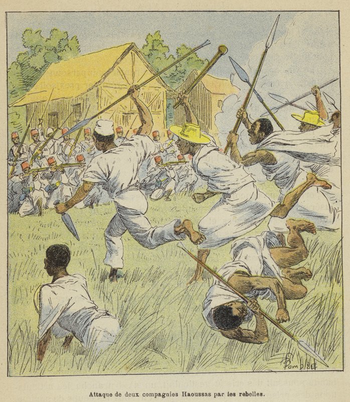 A lázadók két hausa társaság támadása alkotó: after Louis Charles Bombled
