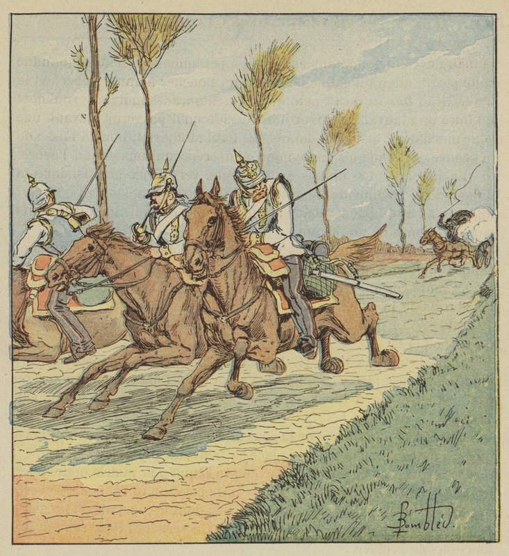 A frank gumiabroncsok által üldözött porosz cuirassiers alkotó: after Louis Charles Bombled