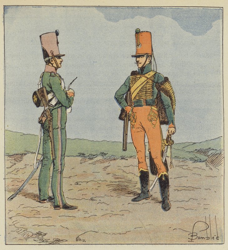 Cserkész és vadász lóháton, Fiatal gárda 1813-1815 alkotó: after Louis Charles Bombled