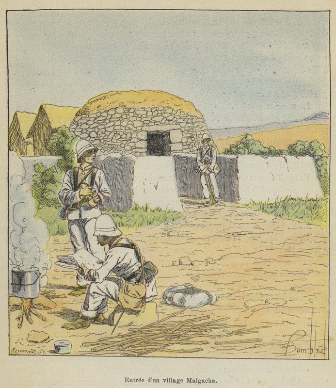 Bejárat egy madagaszkári faluba alkotó: after Louis Charles Bombled
