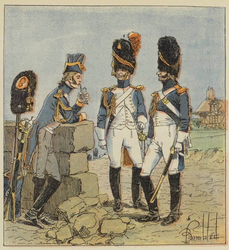 Birodalmi gárda, gránátosok, vetkőzés, teljes ruha, mezei ruha alkotó: after Louis Charles Bombled