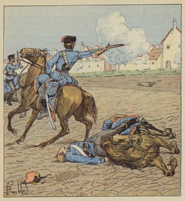Porosz huszárok megtámadnak egy falut alkotó: after Louis Charles Bombled