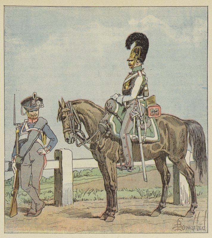 Porosz vonalbeli gyalogság (42. reg.) és porosz Cuirassier (1806) alkotó: after Louis Charles Bombled