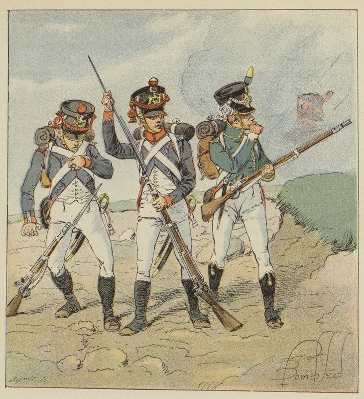 Fiatal gárda, 1806, hadköteles gránátos, tirailleur gránátos, szárnyvadász alkotó: after Louis Charles Bombled