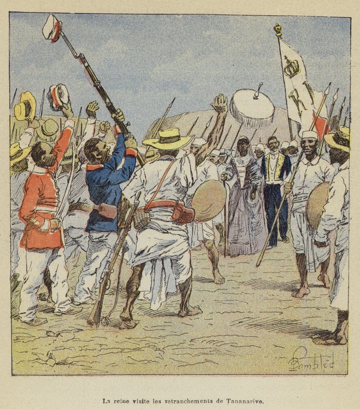 A királynő meglátogatja Tananarive sáncait alkotó: after Louis Charles Bombled