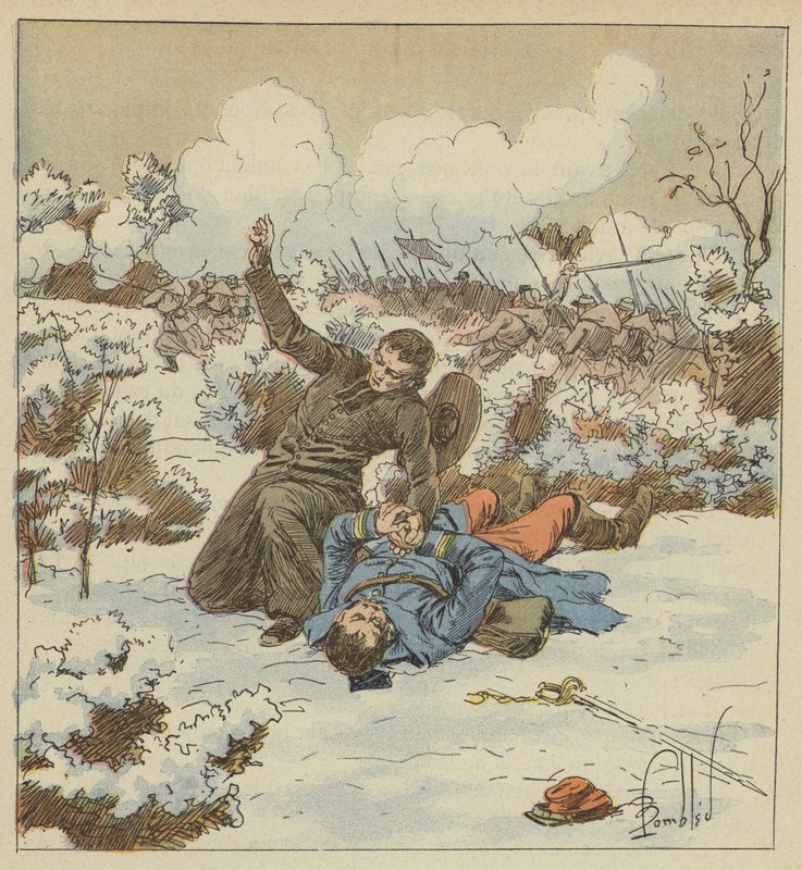 Labbe Fouquerayt, egy pápai Zouave testvérét megölték de Bellevue kapitány holttestén. alkotó: after Louis Charles Bombled