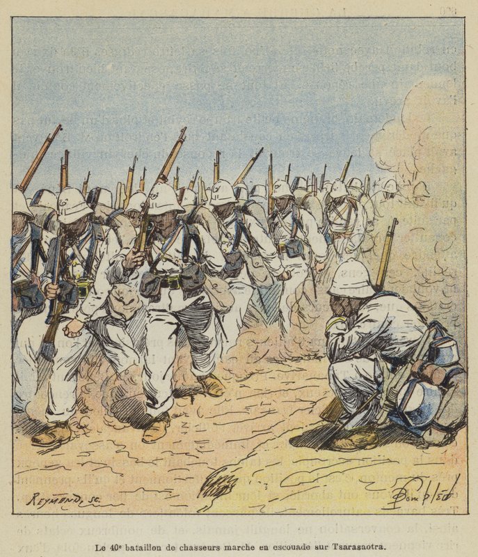 A 40. hajtózászlóalj osztagban vonul a Tsarasaotra felé alkotó: after Louis Charles Bombled