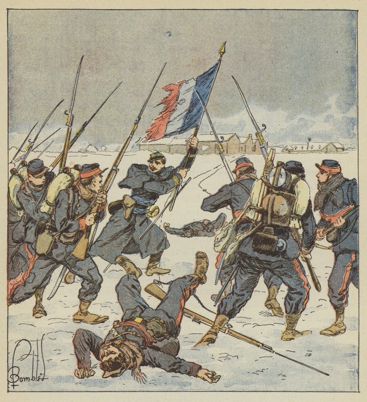 Couturie, a Sarthe mobiljainak kapitánya zászlóval a kezében elindul a Mee támadására. alkotó: after Louis Charles Bombled