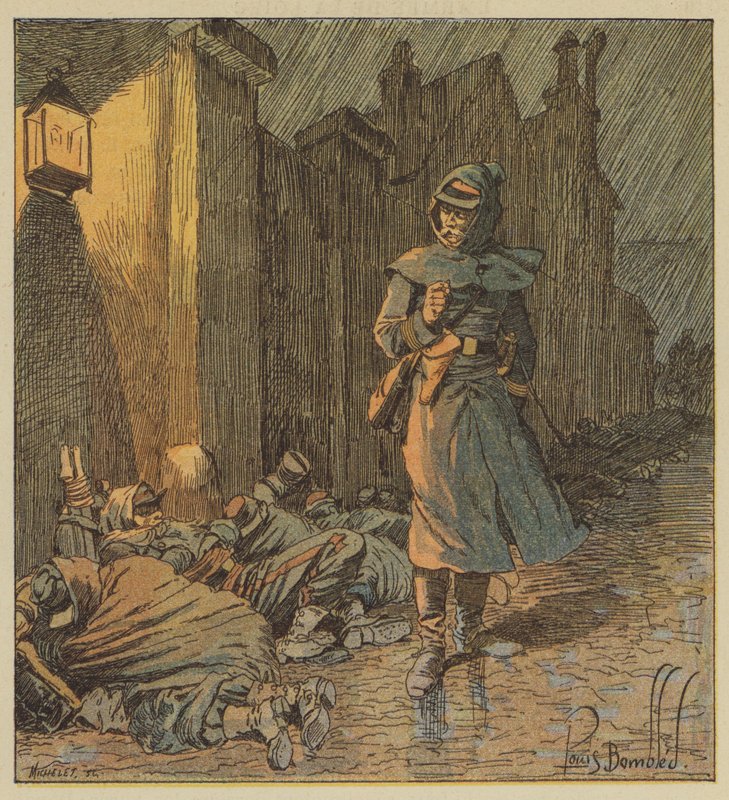 De Bourgoing ezredes Cerdon utcáin jár, ahol katonái esőben alszanak alkotó: after Louis Charles Bombled