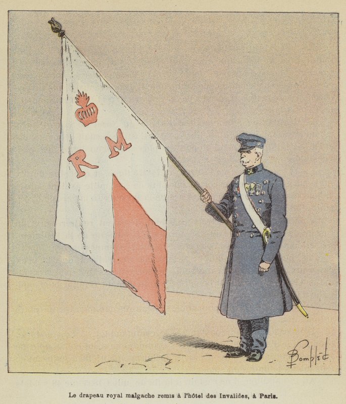 A madagaszkári királyi zászlót átadták a párizsi Hôtel des Invalidesnek alkotó: after Louis Charles Bombled