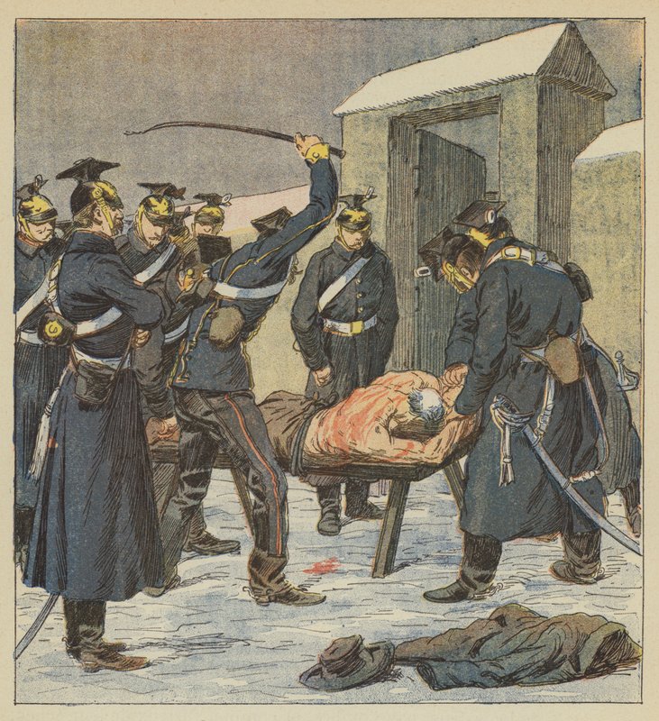 Villiers polgármestere egy porosz tiszt parancsára vérzésig korbácsol alkotó: after Louis Charles Bombled