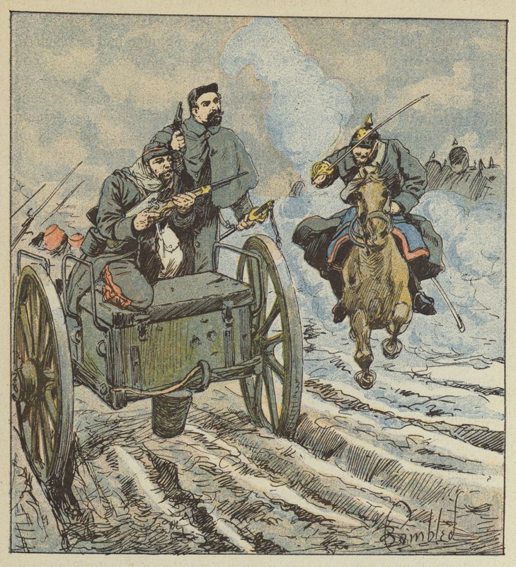 Dufresne őrmester revolverlövésekkel védekezik a porosz lovasok ellen alkotó: after Louis Charles Bombled