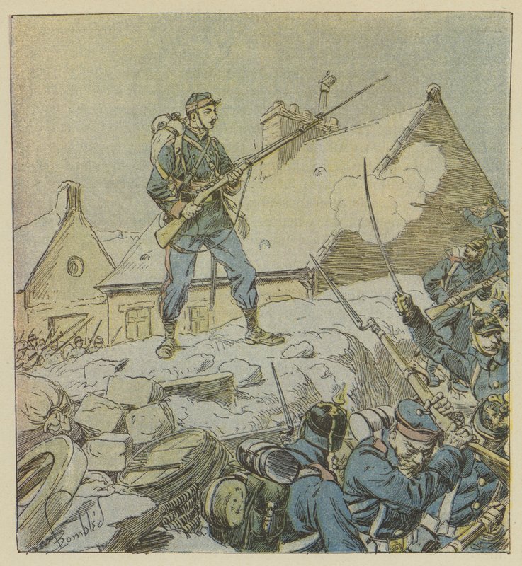 Pitou őrmester, aki félelmetesen felszállt Courceboeufs barikádjára, úgy döntött, hogy elfoglalja a falut. alkotó: after Louis Charles Bombled