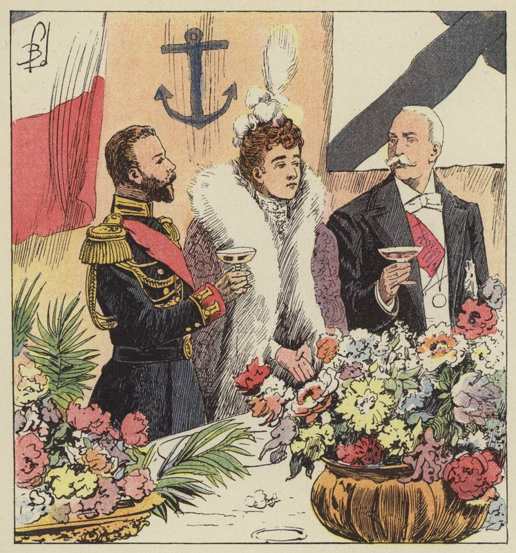 Miklós cár a Pothuau fedélzetén kikiáltja a francia-orosz szövetséget alkotó: after Louis Charles Bombled