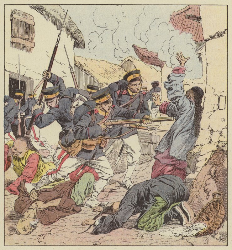A japánok lemészárolják a kínaiakat Port Arthurban alkotó: after Louis Charles Bombled