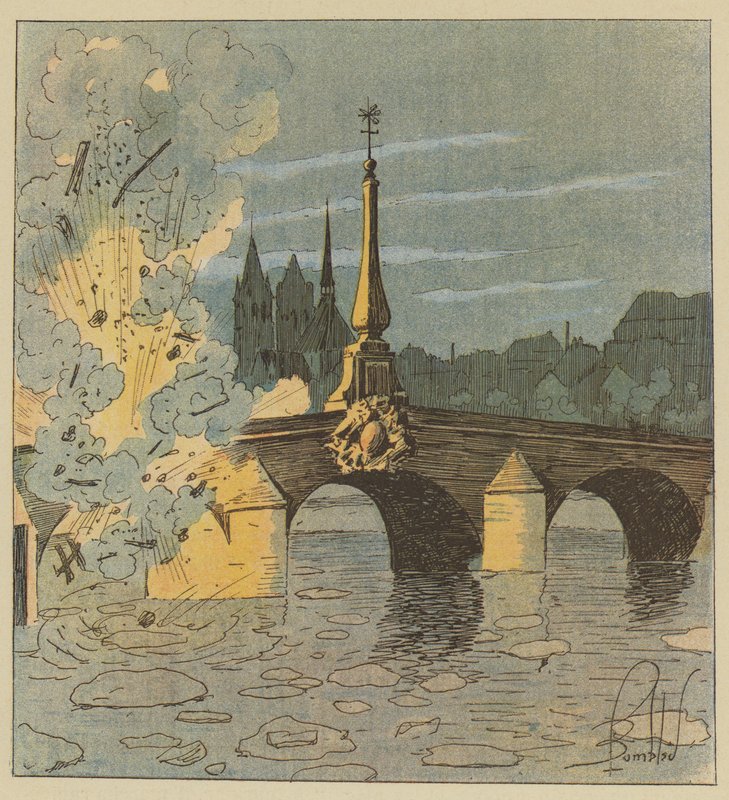 A poroszok felrobbantják a Blois-híd gyaloghídját, hogy elkerüljék üldözésünket. alkotó: after Louis Charles Bombled