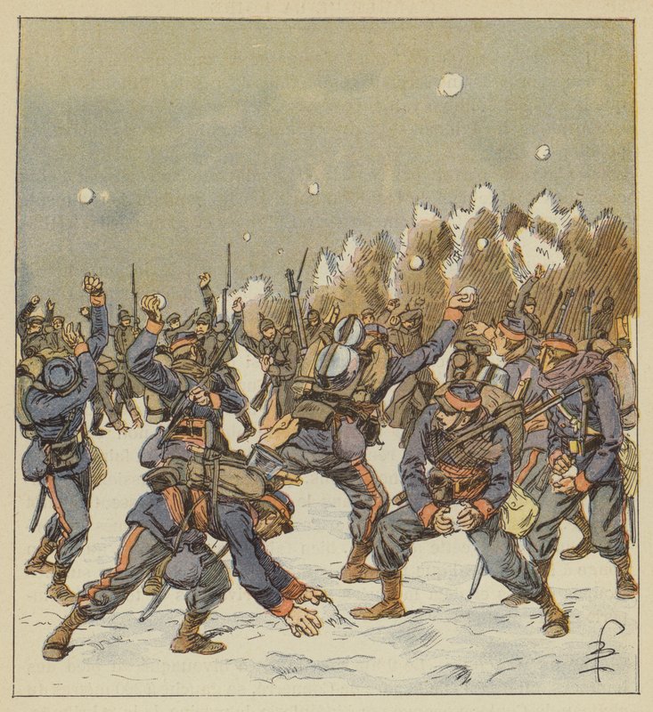 Mindkét hadsereg katonái hógolyókkal küzdenek január 11-én reggel alkotó: after Louis Charles Bombled