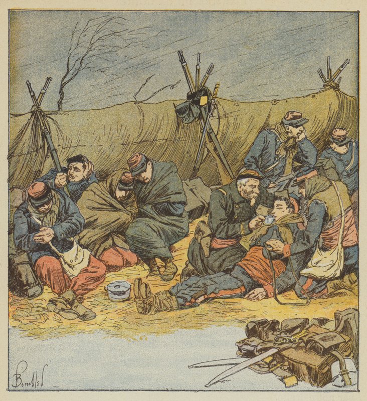 A katonák, akik már nem tudnak a sátorban maradni, óvóhelyet improvizálnak alkotó: after Louis Charles Bombled