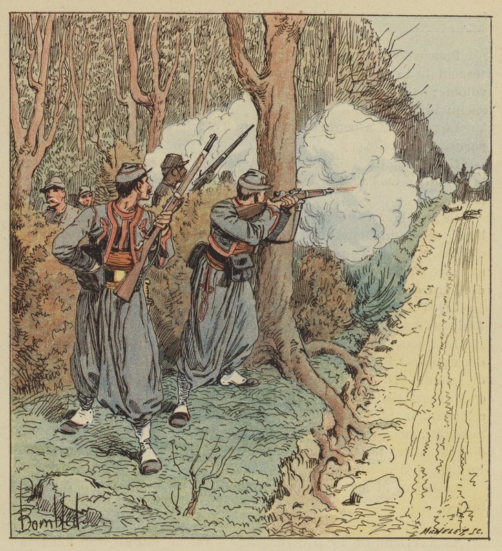 A pápai zouave-ok az orléáni erdőn keresztül visszavonulnak, sakkban tartva a bajorokat alkotó: after Louis Charles Bombled