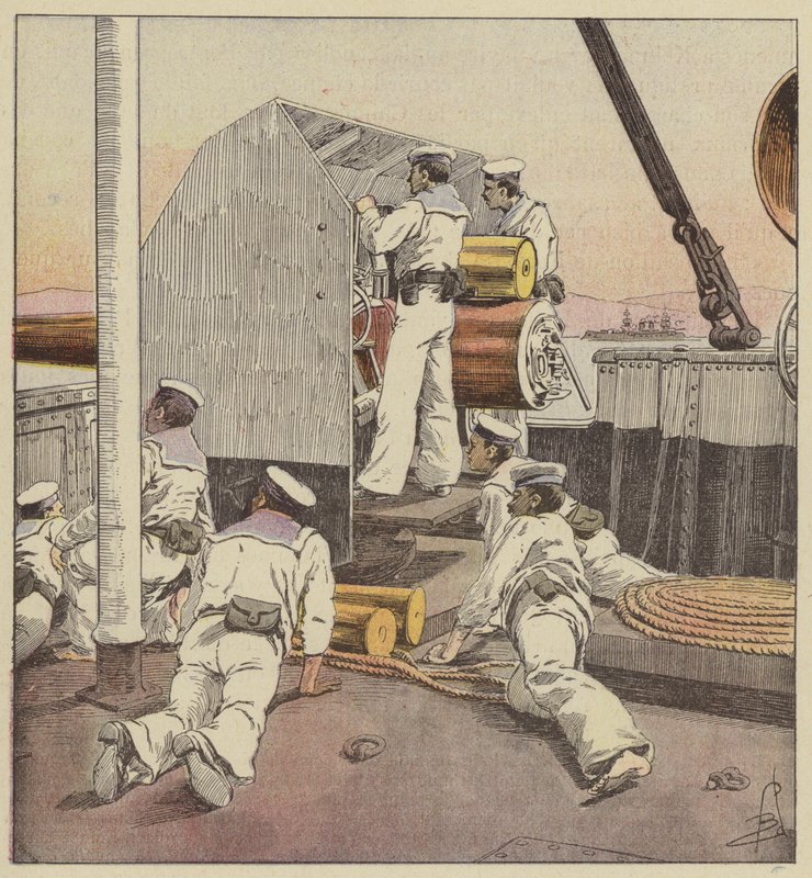Japán tengerészek ágyúzzák a kínai flottát Yaluban alkotó: after Louis Charles Bombled