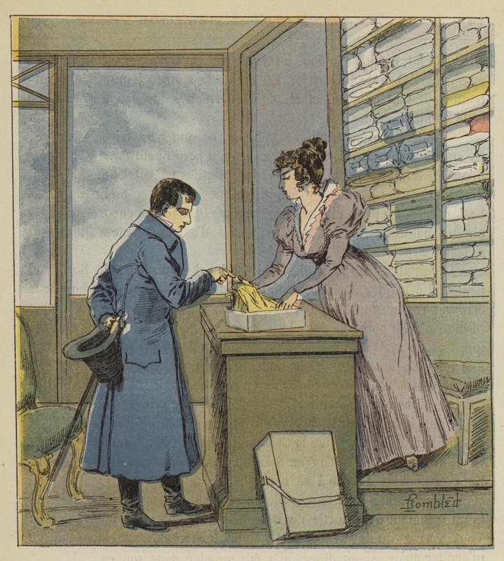 Napóleon álruhában a rue Saint-Denis egyik boltjában alkotó: after Louis Charles Bombled