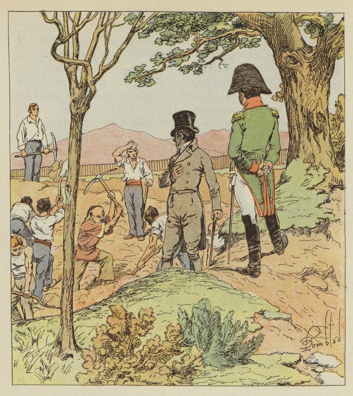 Napóleon megvizsgálja a kormányzó által Longwood körül emelt erődítményeket alkotó: after Louis Charles Bombled