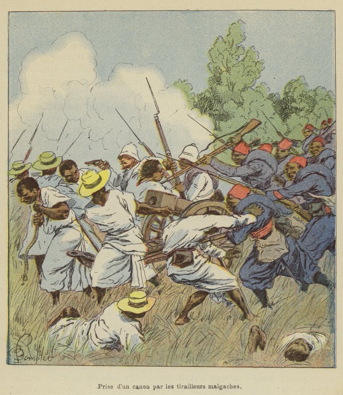 Egy ágyú elfogása a madagaszkári csetepaté által alkotó: after Louis Charles Bombled