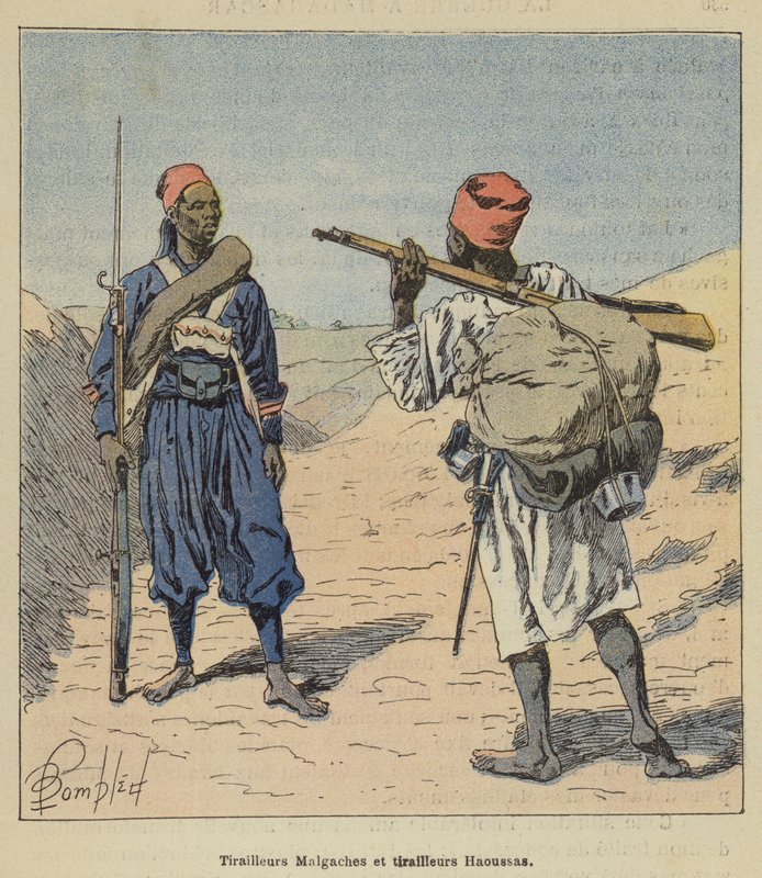 madagaszkári csetepaté és hausa csetepaté alkotó: after Louis Charles Bombled