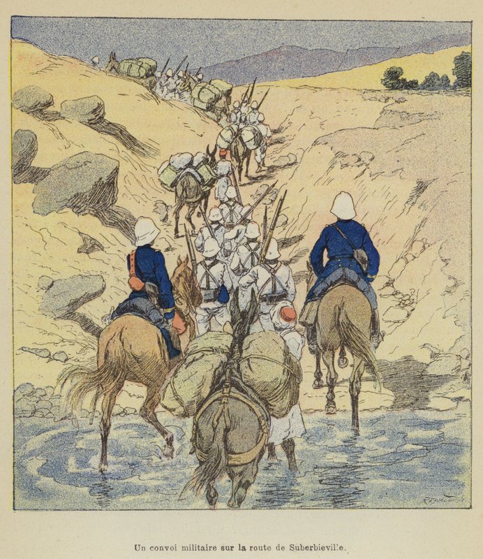 Katonai konvoj a Suberbieville felé vezető úton alkotó: after Louis Charles Bombled
