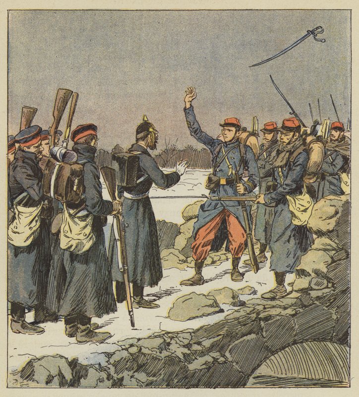 Egy német tiszt visszaadja kardját egy francia tizedesnek, aki a szélnek hajítja alkotó: after Louis Charles Bombled