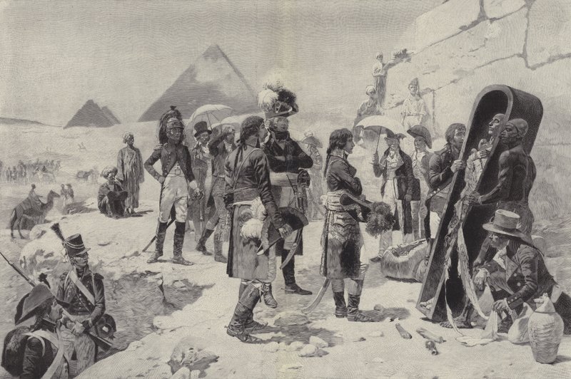 Napóleon a piramisok előtt egy fáraó múmiáján elmélkedik alkotó: after Maurice Henri Orange