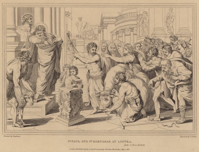 Szent Pál és Szent Barnabás Lisztrában, ApCsel alkotó: after Raphael