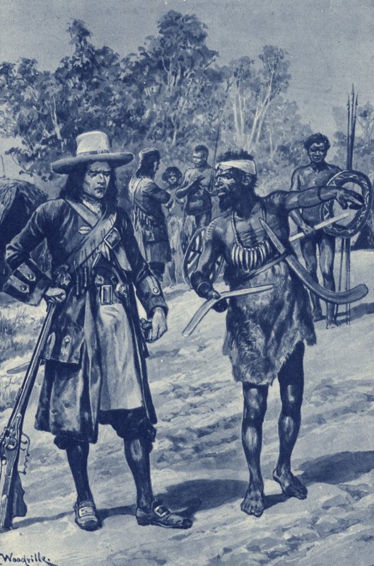 William Dampier kapitány, aki Ausztrália nyugati partvidékét kutatja, először lát bumerángot alkotó: after Richard Caton II Woodville