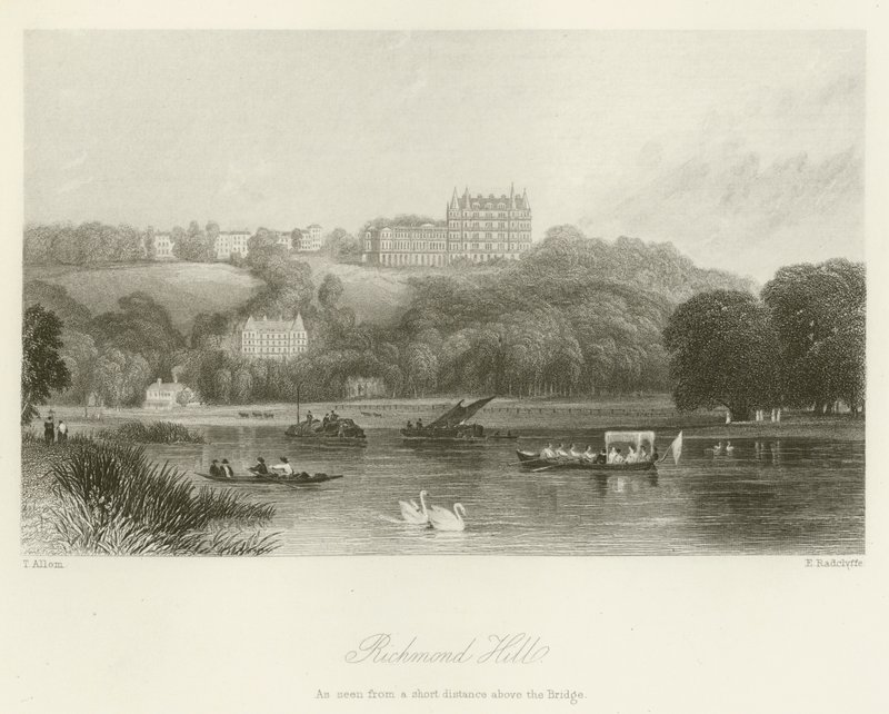 Richmond Hill, amint a híd felett kis távolságból látjuk alkotó: after Thomas Allom