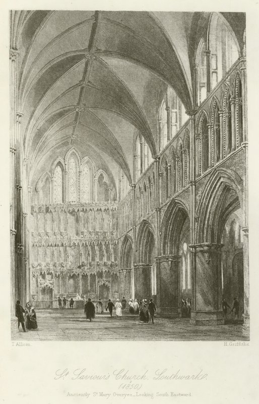 St Saviors Church, Southwark, 1850, ősi St Mary Overyes, délkelet felé néz alkotó: after Thomas Allom