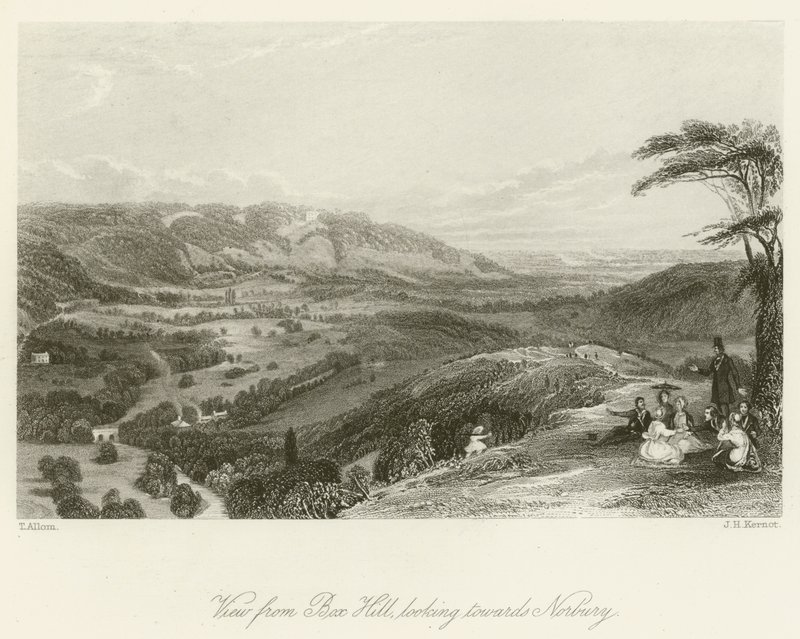 Kilátás a Box Hillről, Norbury felé nézve alkotó: after Thomas Allom