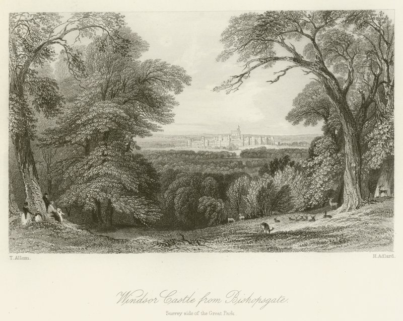 Windsori kastély Bishopsgate-ből, a Great Park Surrey oldalán alkotó: after Thomas Allom
